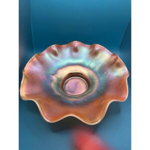 Dugan Carnival Glass Marigold Opal Floral Ruffled Bowl 9.5" Diameter